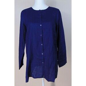 Eileen Fisher Dark Blue Button Up Top Womens P/S Organic Linen Lagenlook Casual
